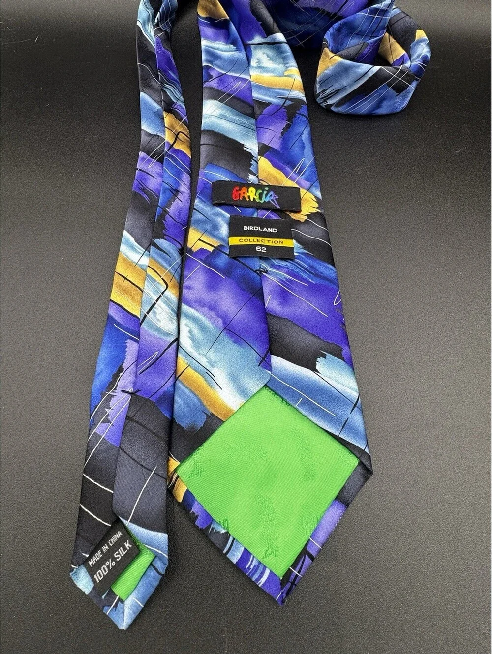 J Garcia Birdland Collection 62 Silk Tie Abstract Blue Purple 59” x 3.5”